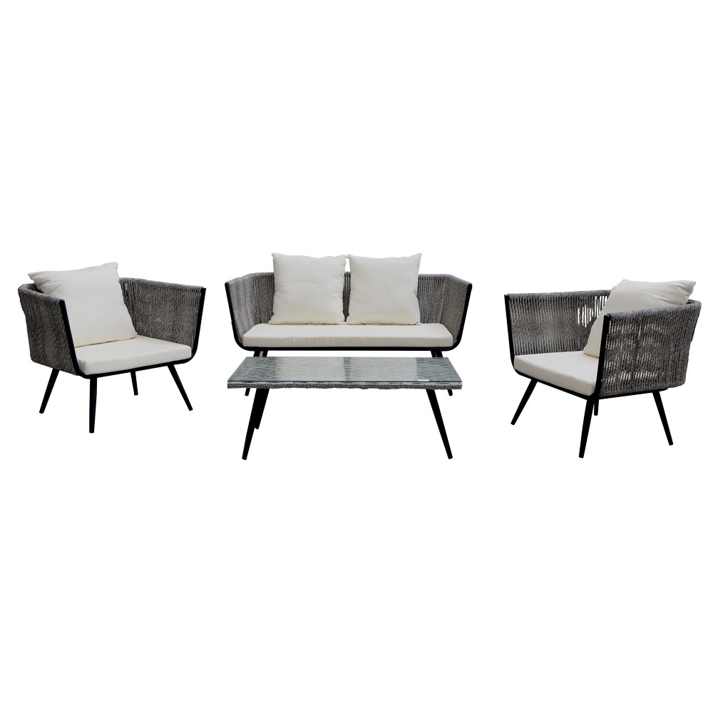 Mueble para terraza sala cuerda gris cojin blanco 4 pzas