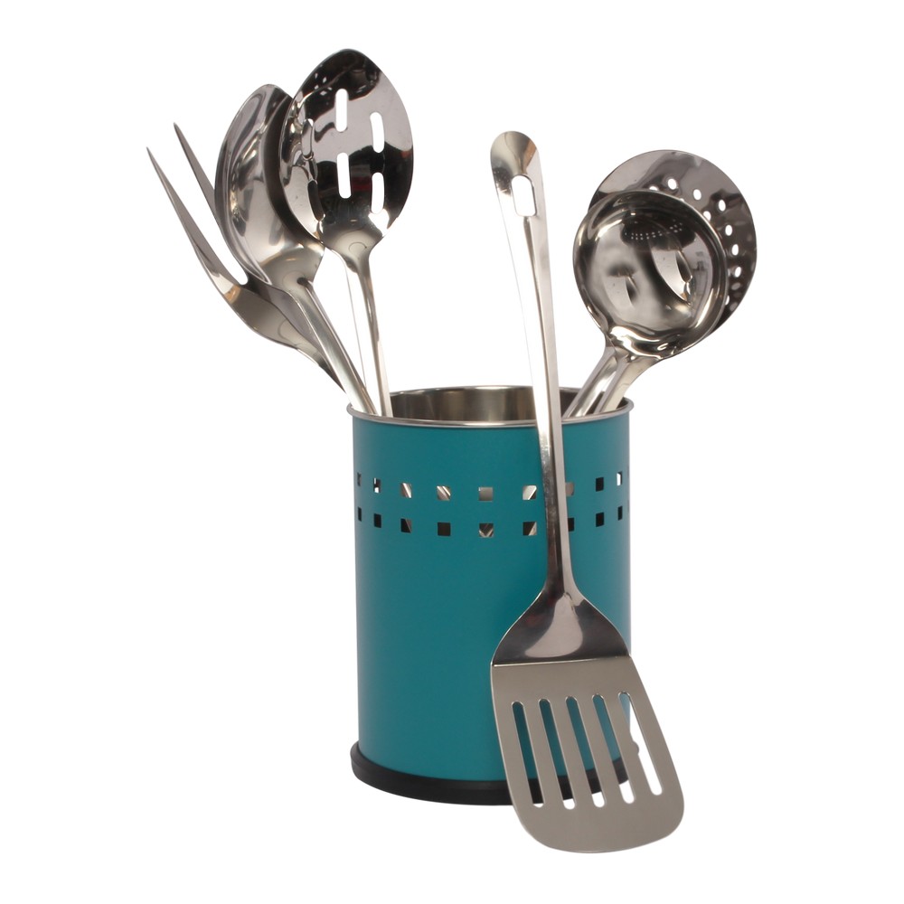 Set utensilios para cocina acero inoxidable con base teal 8 pzas