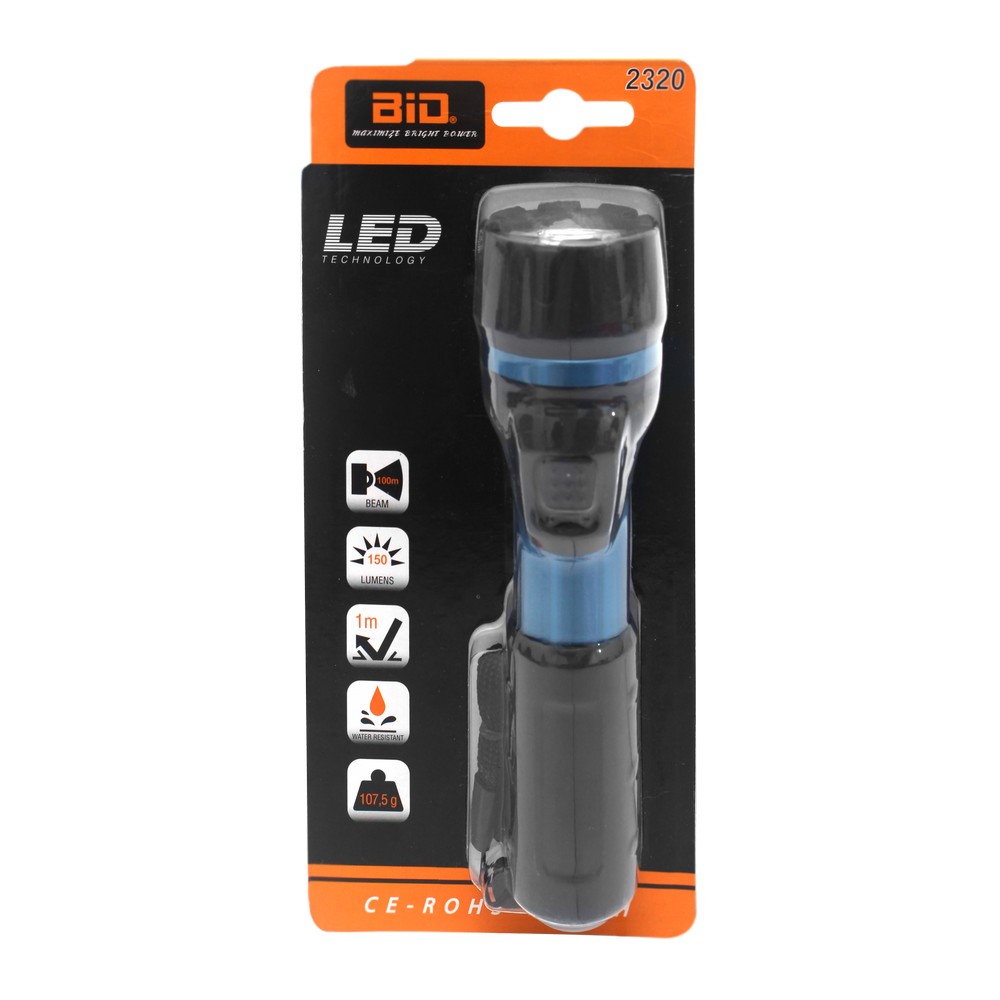 Lámpara de mano led azul y negro forro de hule 2 baterias aa