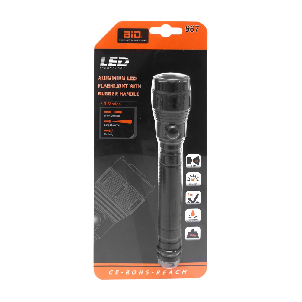 Lampara de mano led aluminio negra 2aa 180lm bid 667