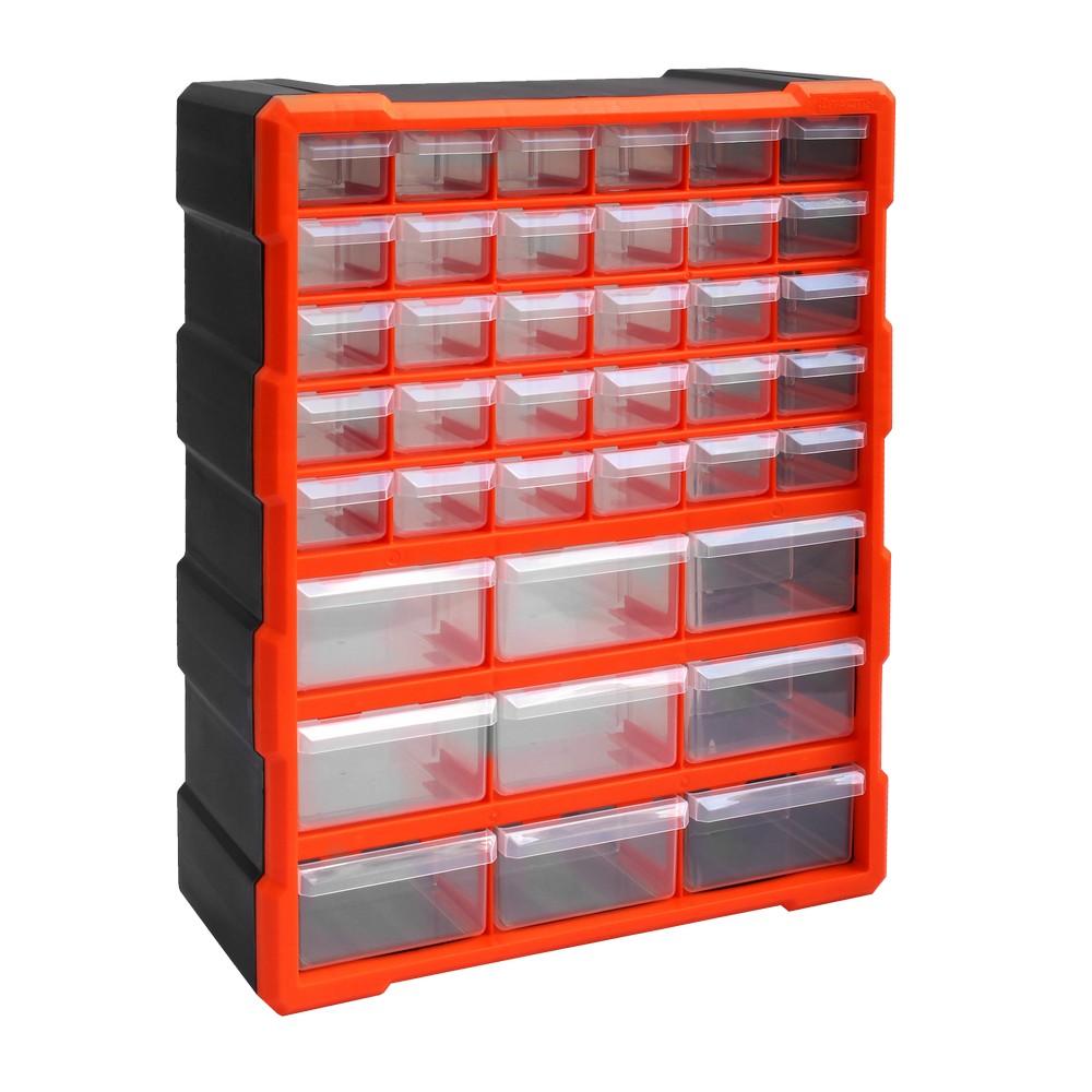 Organizador plástico con 12 cajones color negro y naranja TACTIX