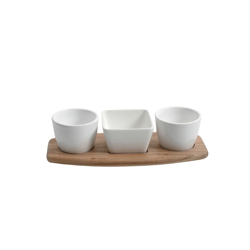 Plato para servir de ceramica con base de madera 4 piezas