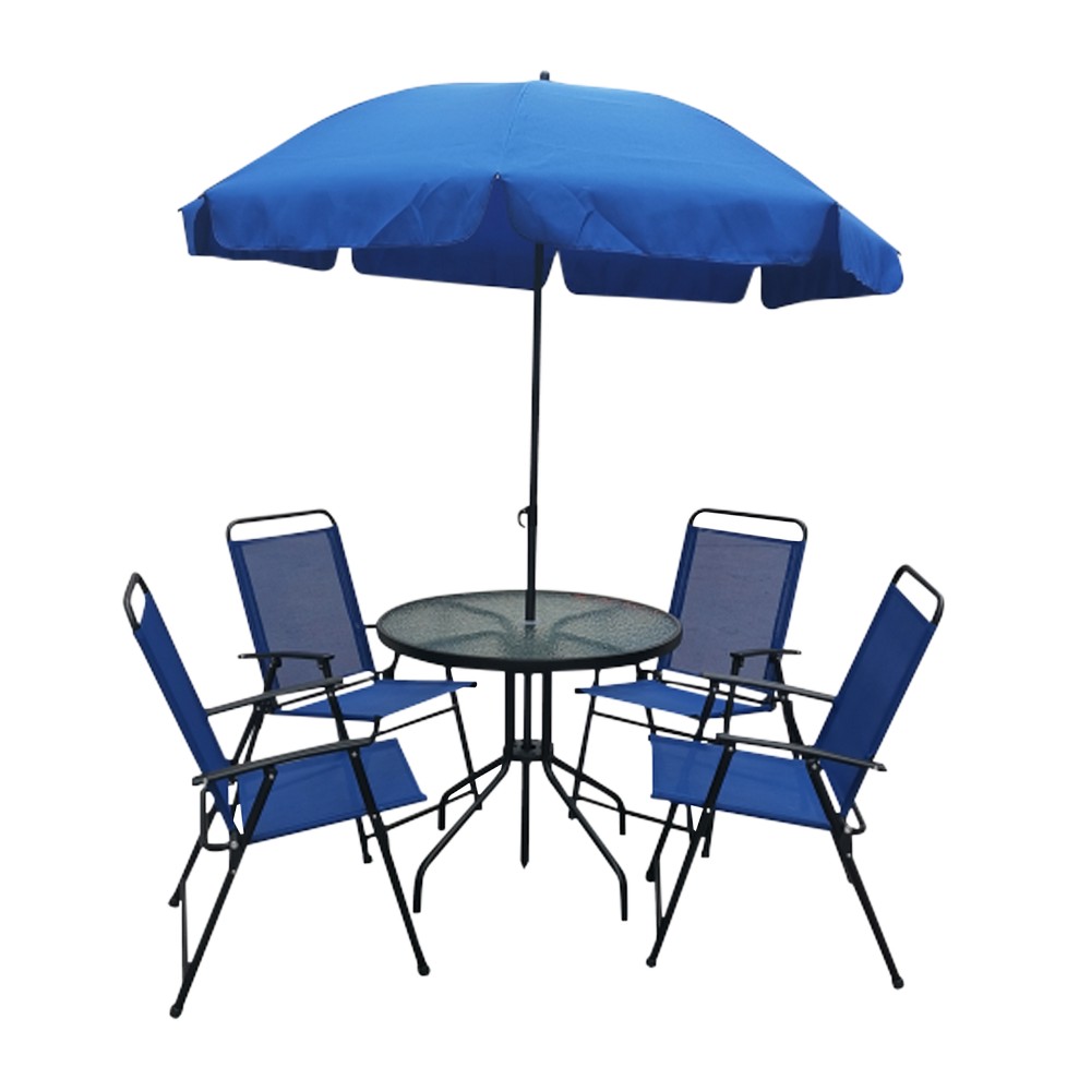 Mesa con sombrilla y sillas azul 6 piezas