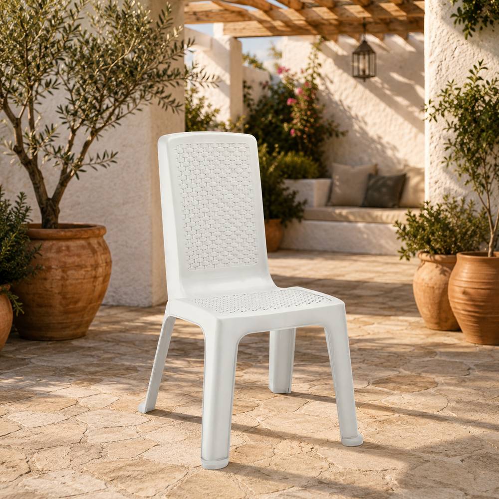 Silla plástica sin brazos tipo ratán 58 x 49 x 86.5 cm color blanco