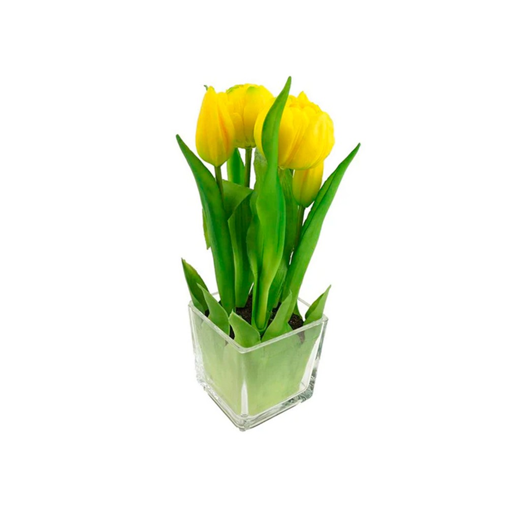 Flor artificial tulipán amarillo base vidrio 9 in