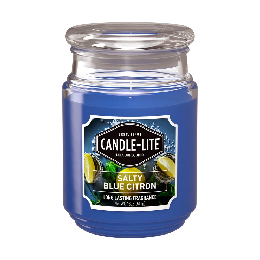 Candela con portavela de vidrio 18oz blue citron