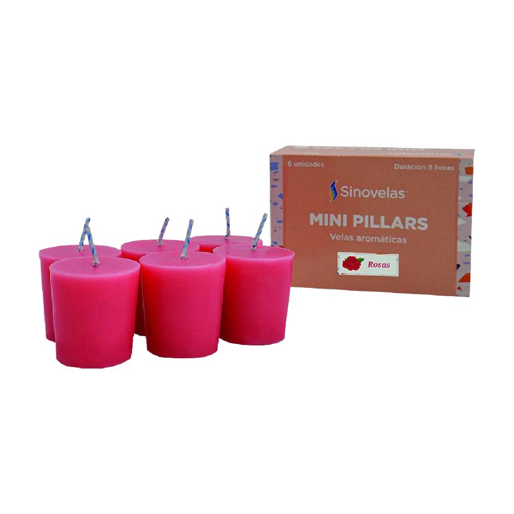 Velas aromaticas rosas mini pillars 6 pzas