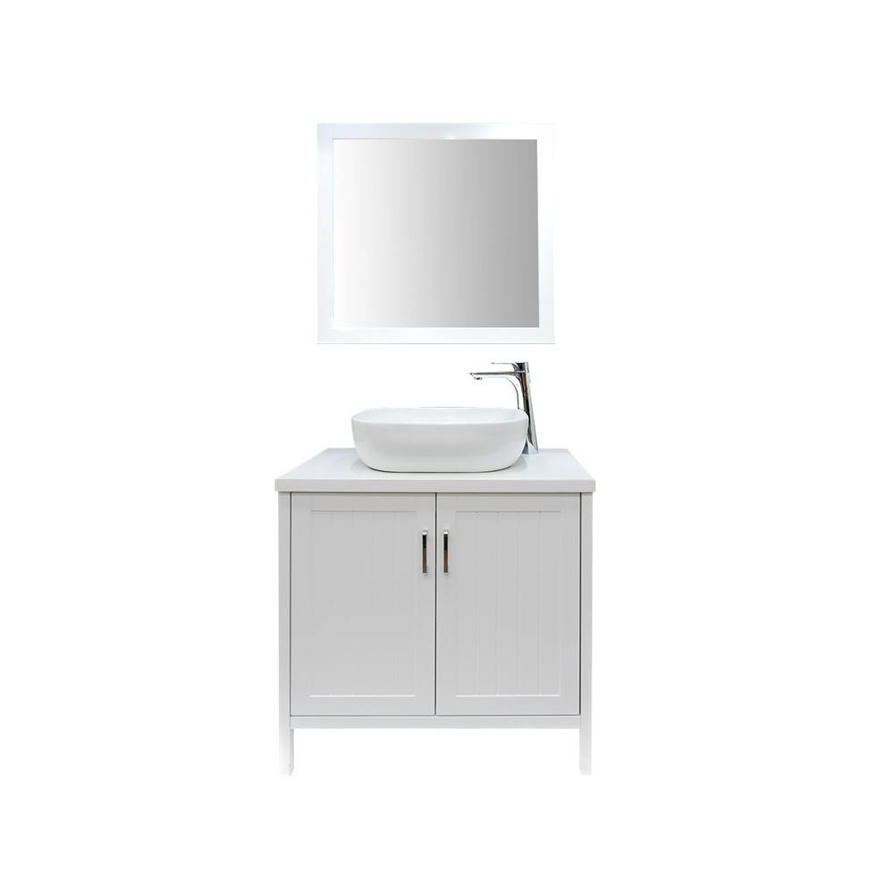 Mueble blanco con lavamanos y espejo para baño