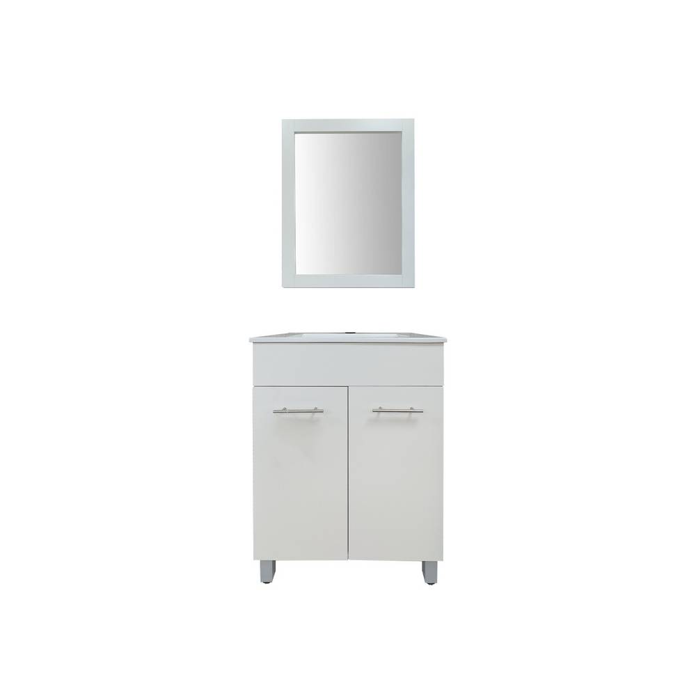 Mueble blanco con lavamanos y espejo para baño