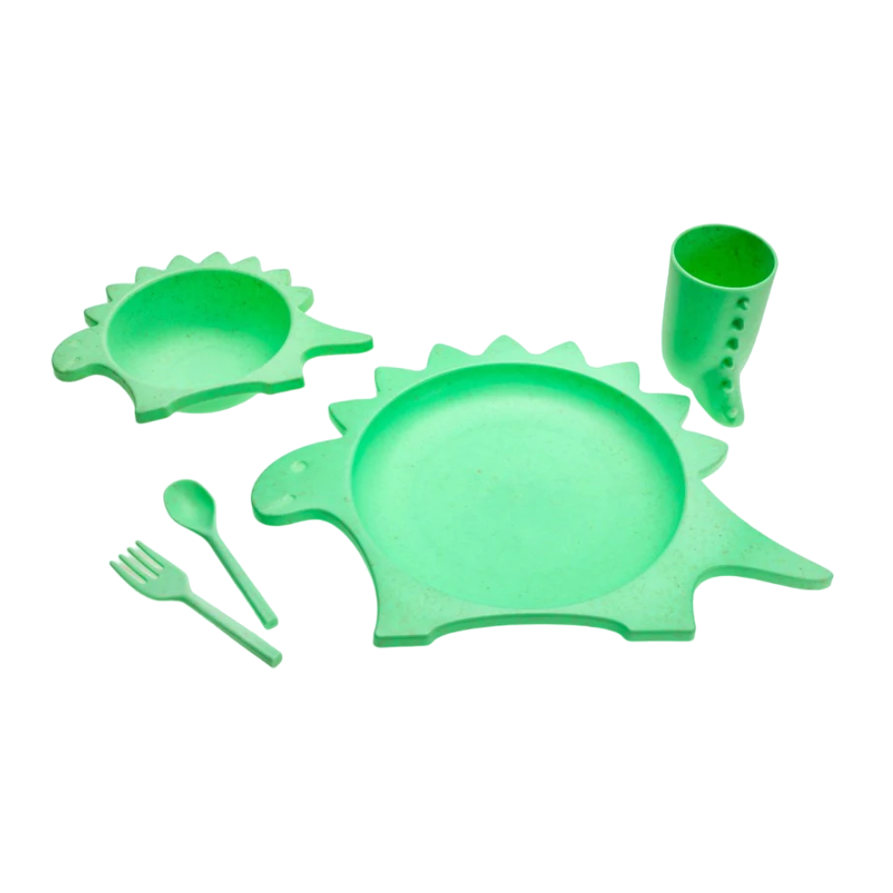 Set de platos para comida de dinosaurio verde 5 pzas