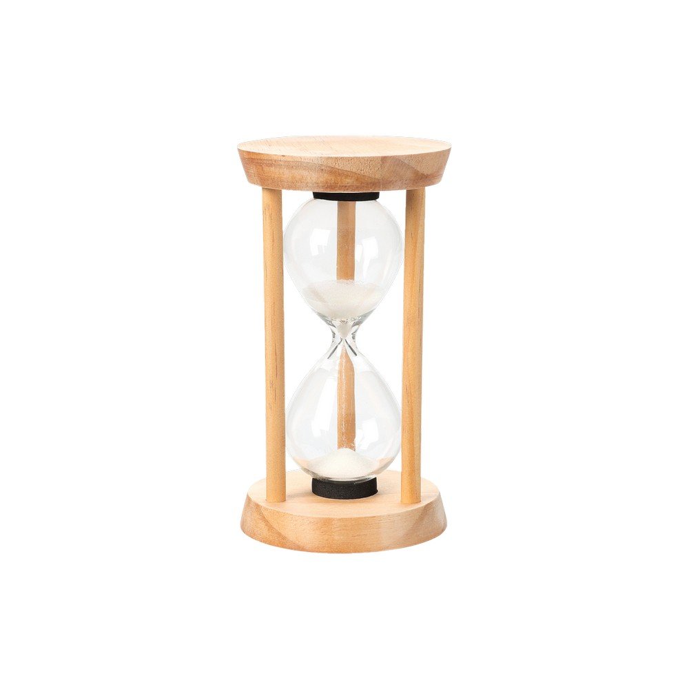 Adorno reloj de arena de vidrio base madera 16 cm