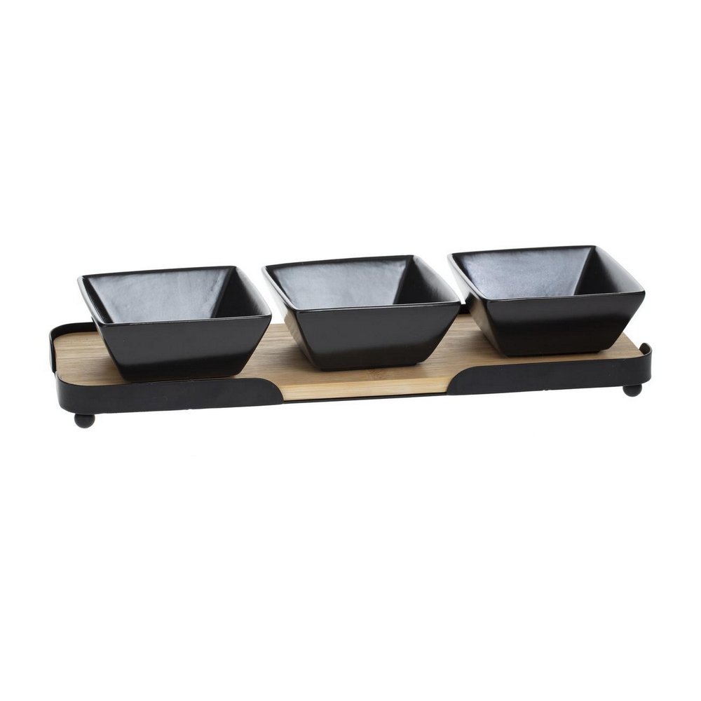 Servidor de ceramica negro con bandeja de madera 4 pzas