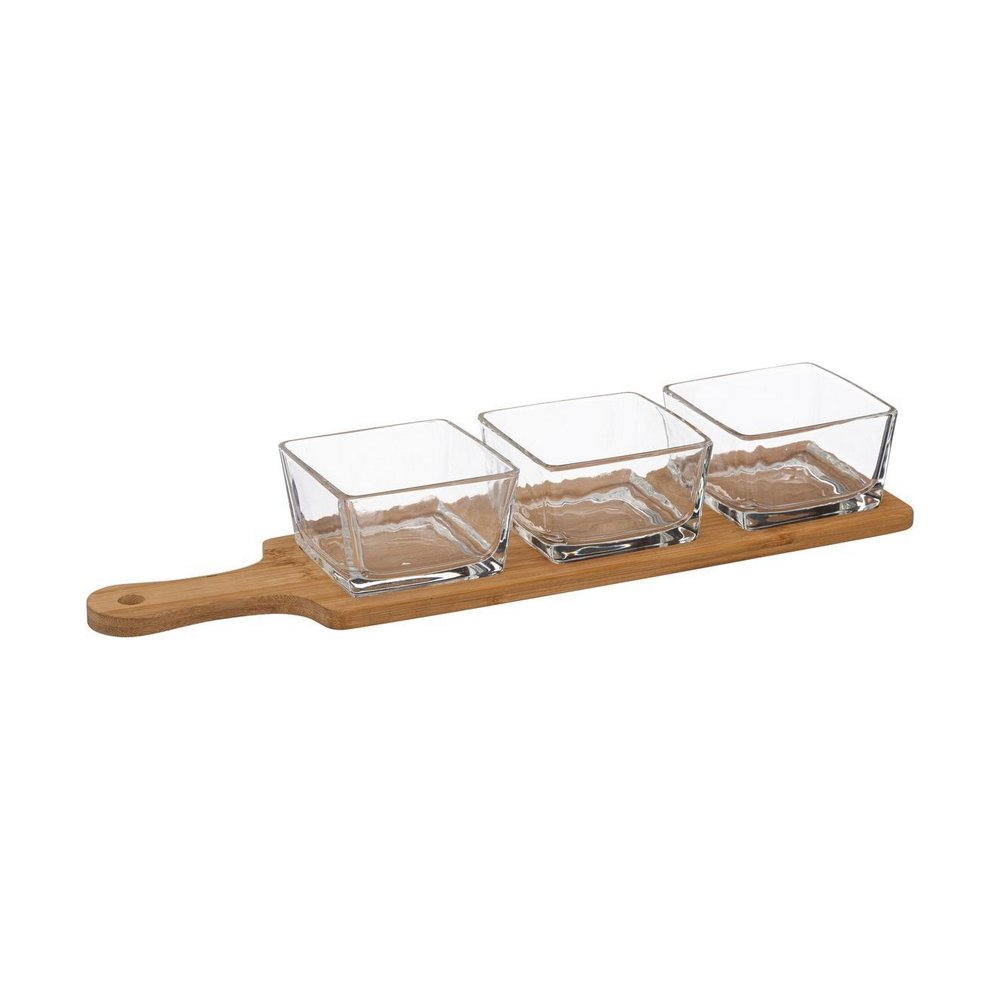 Bandeja de madera con despositos de vidrio para aperitivos 4 piezas