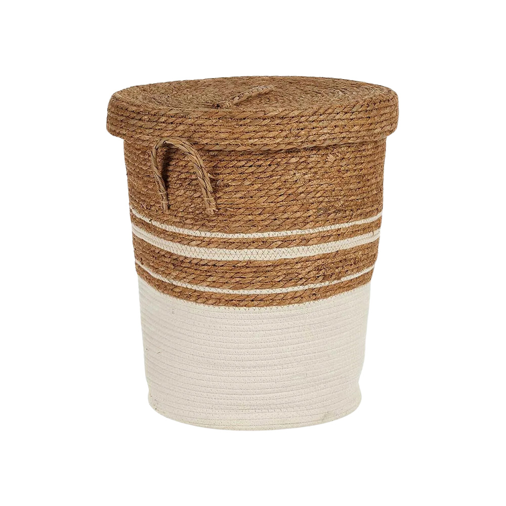 Cesta de paja para ropa con tapa blanco mediana