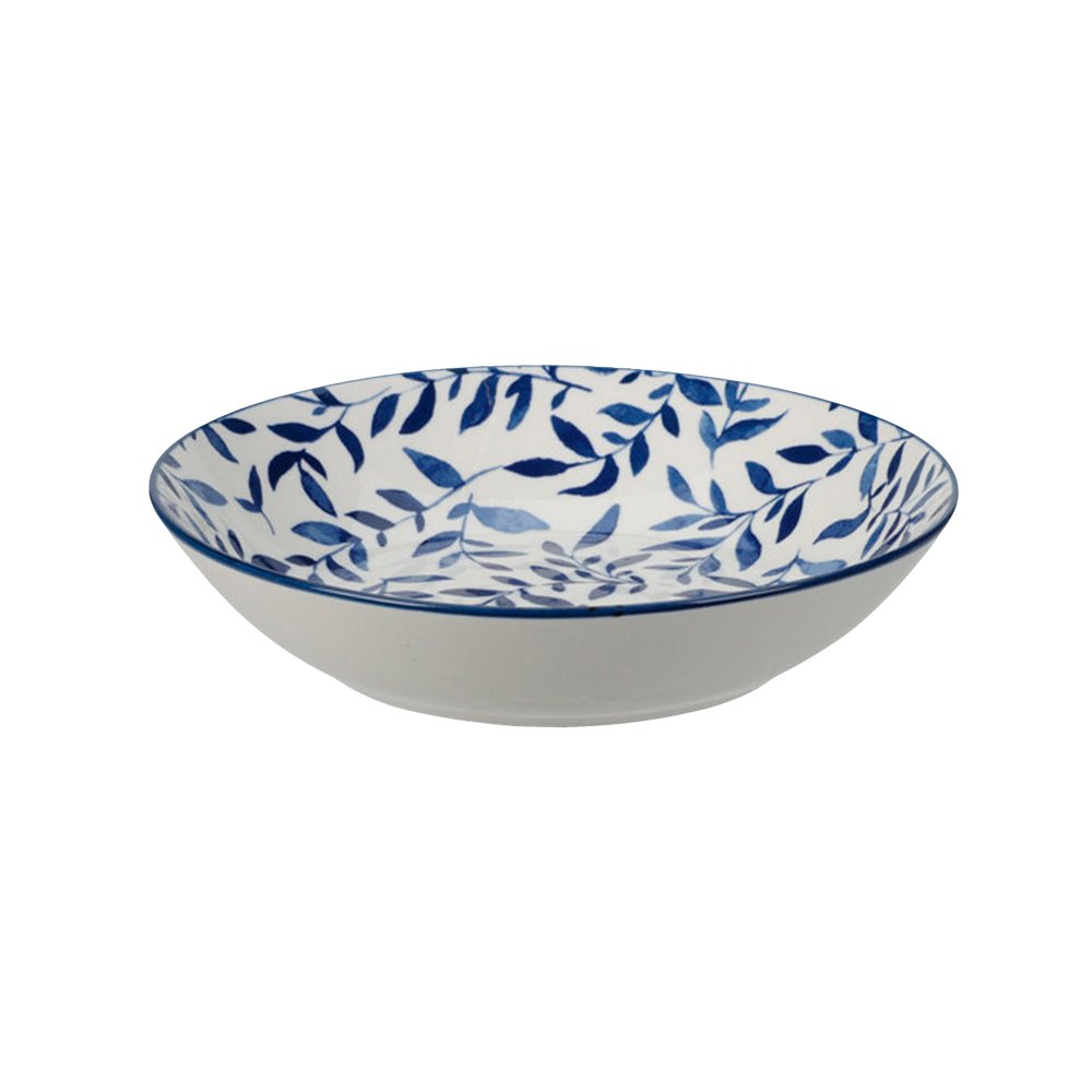 Plato ondo de porcelana 20 cm blanco con hojas azules