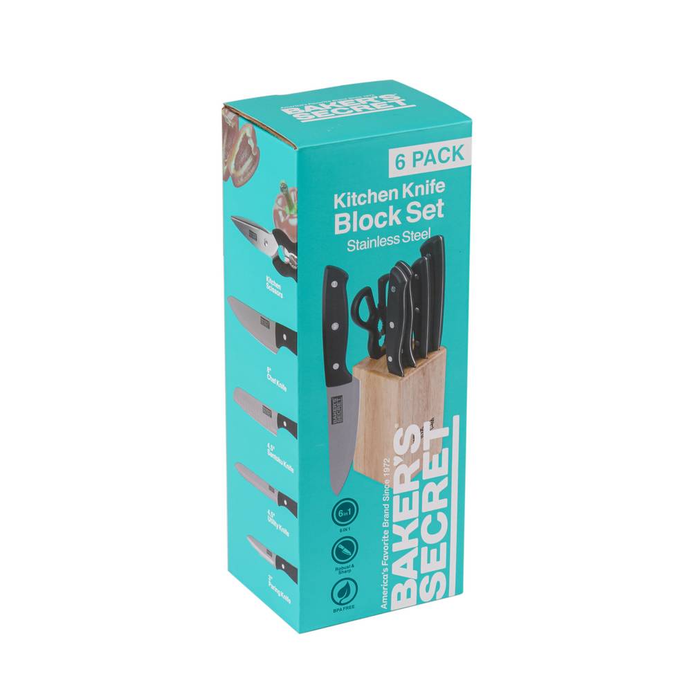 Cuchillo con bloque de madera y tijera de cocina - 6 unidades