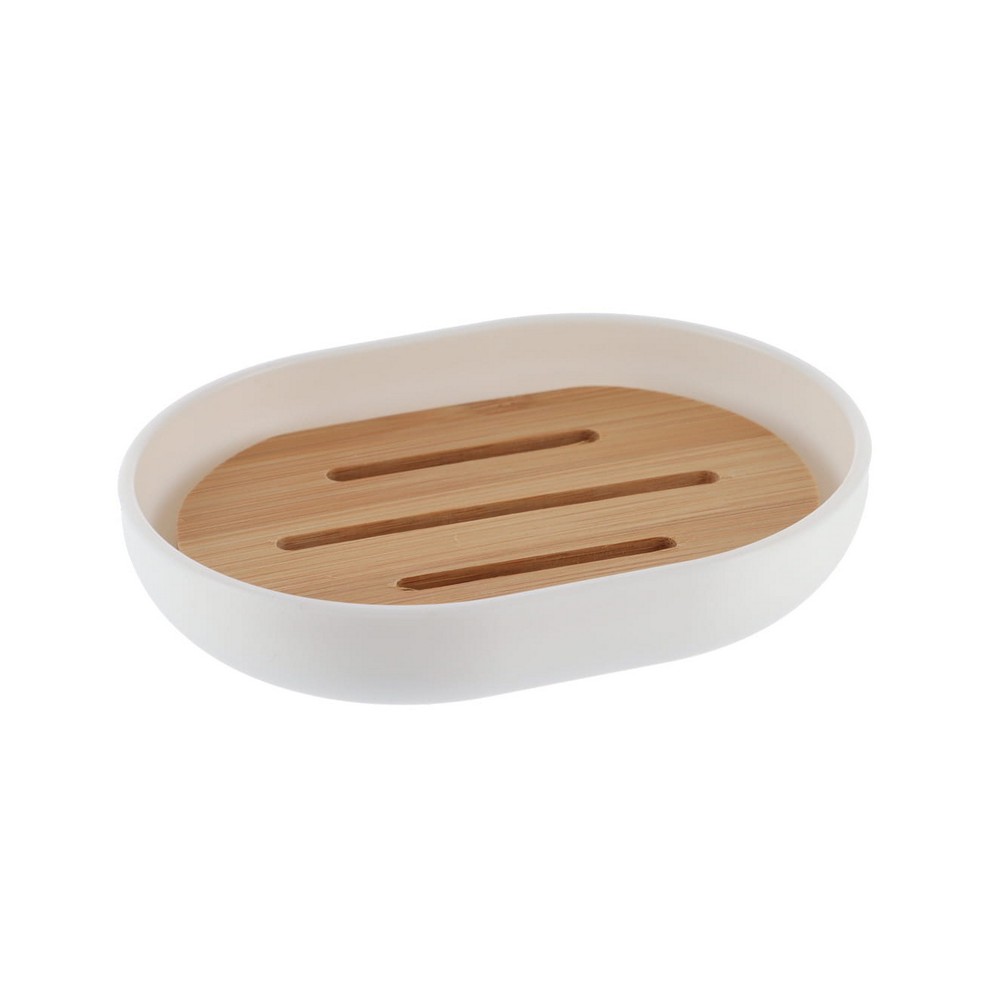 Jabonera plastica blanco con bambu