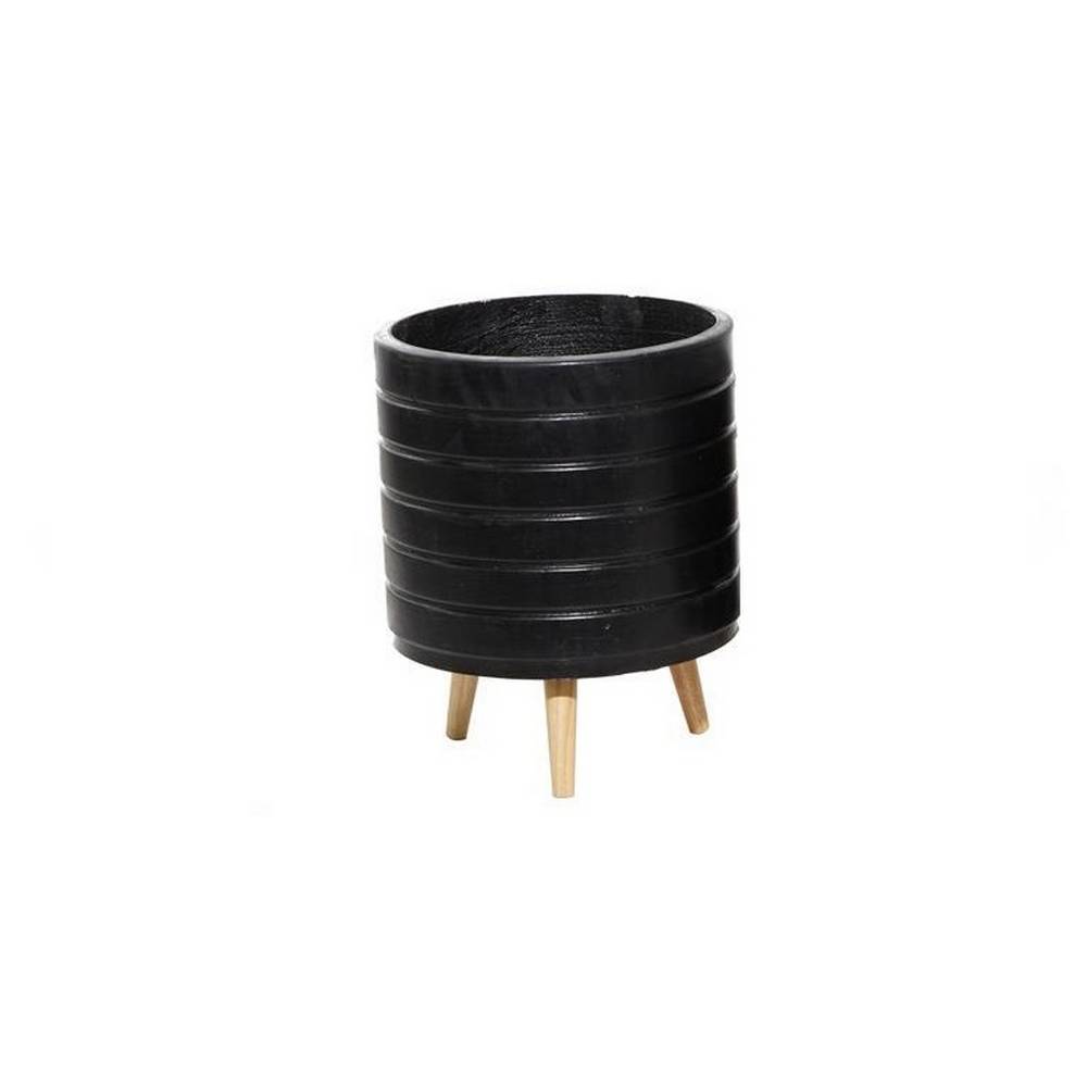 Maceta decorativa de arcilla con patas de madera 40.6 cm negra