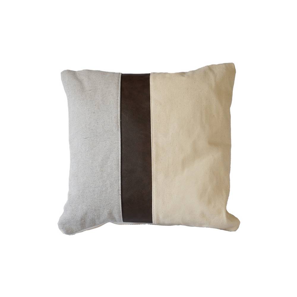 Cojin lona blanca y gris 40x40 cm con cuerina café