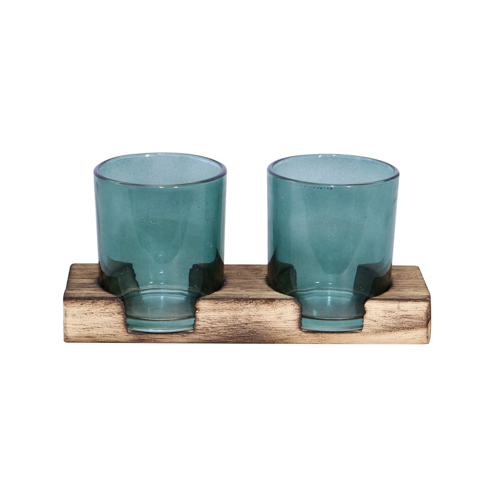Portavela de vidrio con base de madera 3 piezas