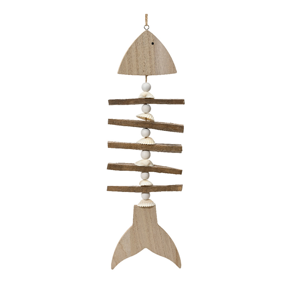 Adorno de pez para colgar de madera y conchas 12 x 1.8 x 38 cm
