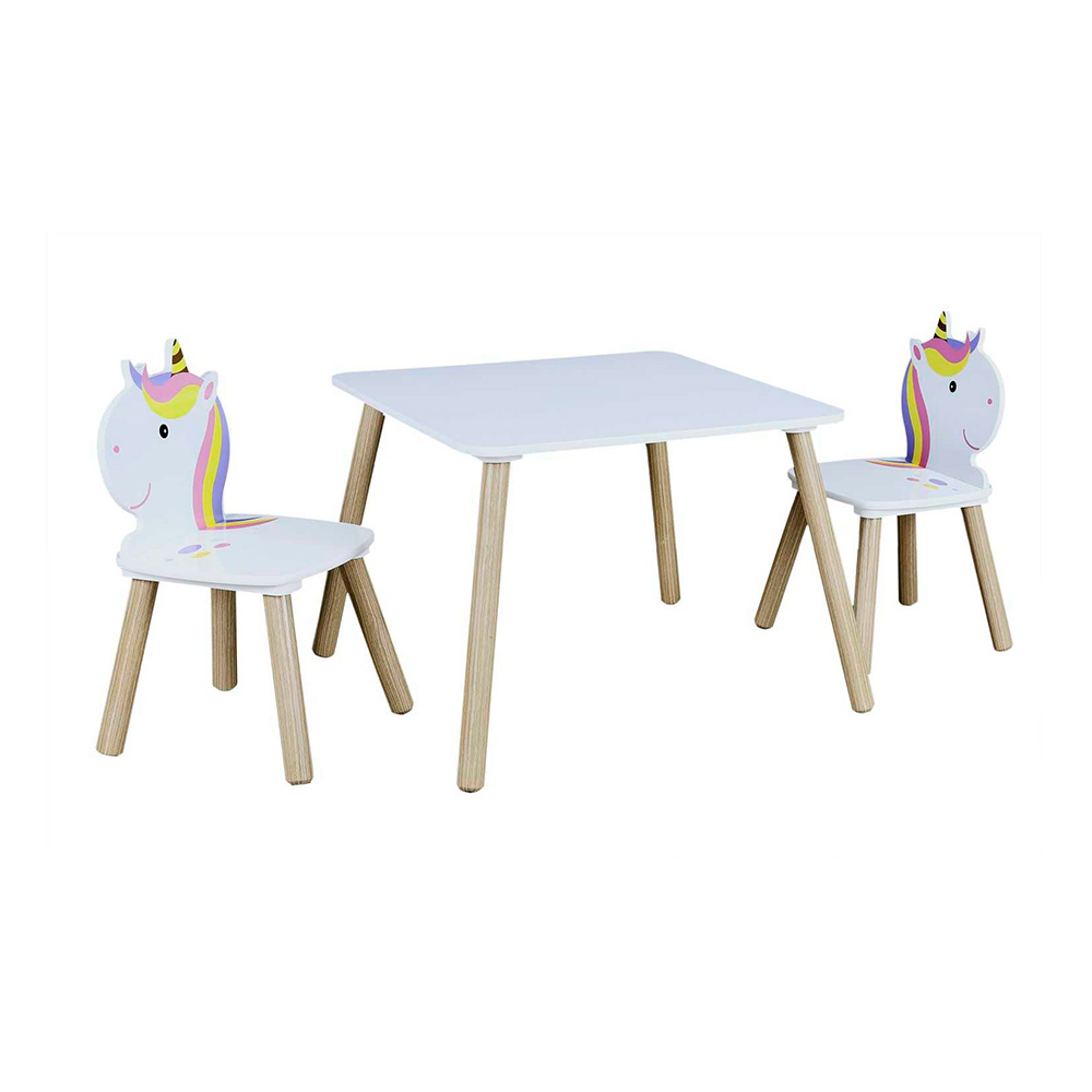 Mesa infantil con sillas de madera de unicornio blanco/beige