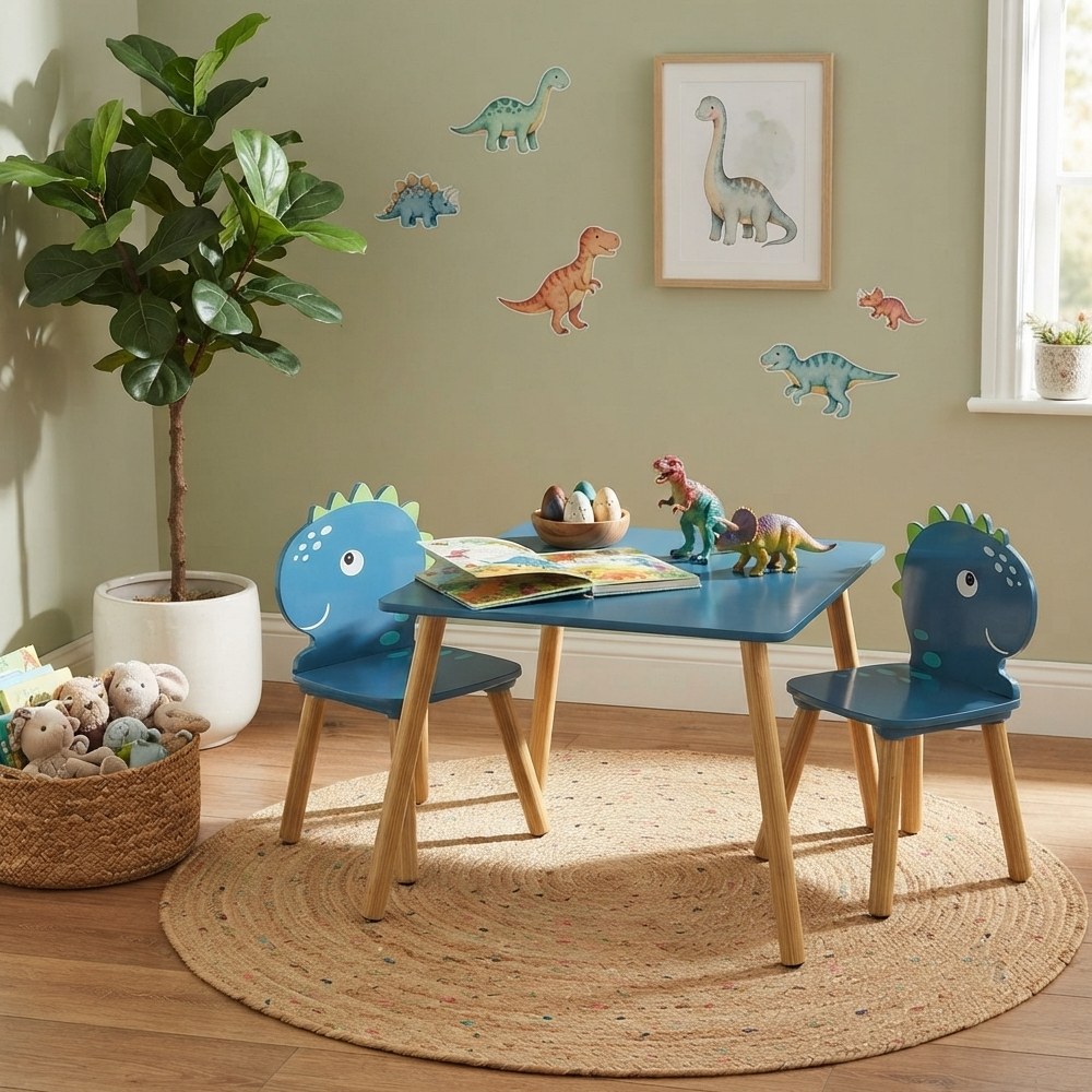 Mesa infantil con sillas diseño de dinosaurios color azul y beige
