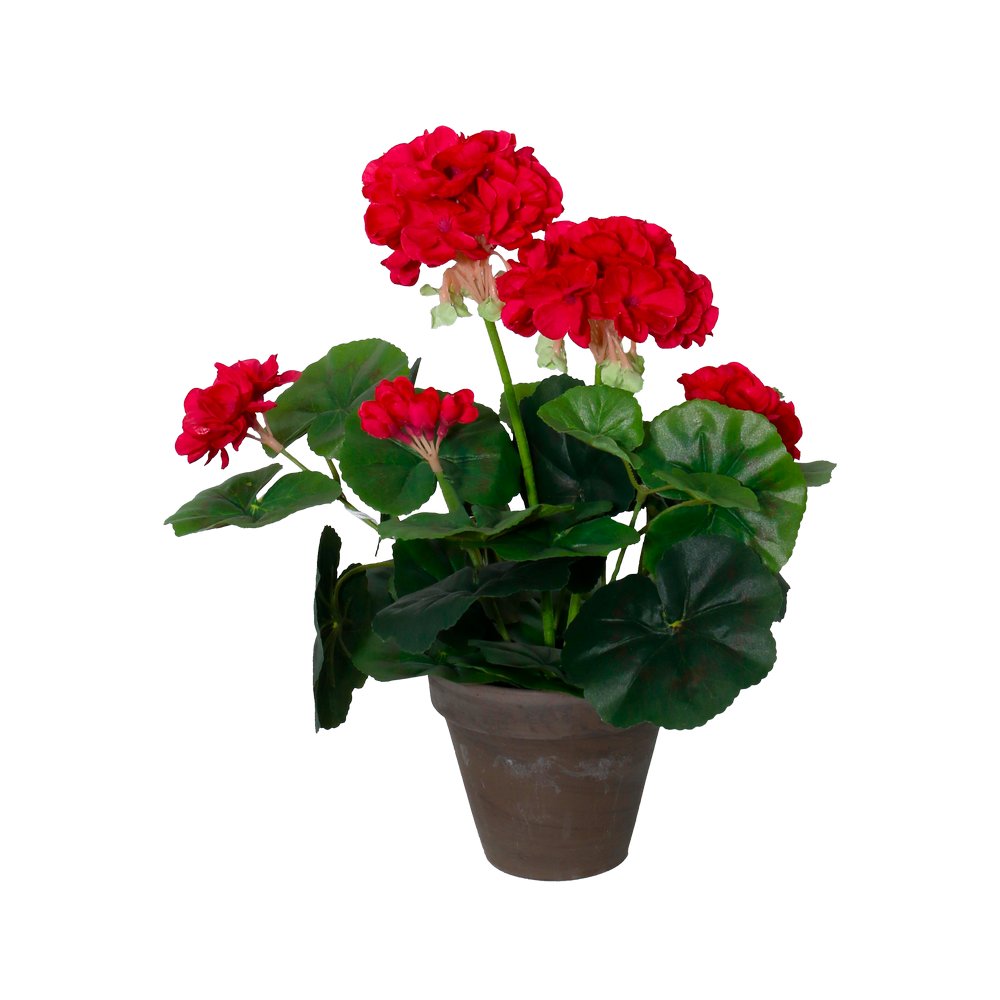 Planta artificial con maceta de arcilla 34 cm geranio fucsia