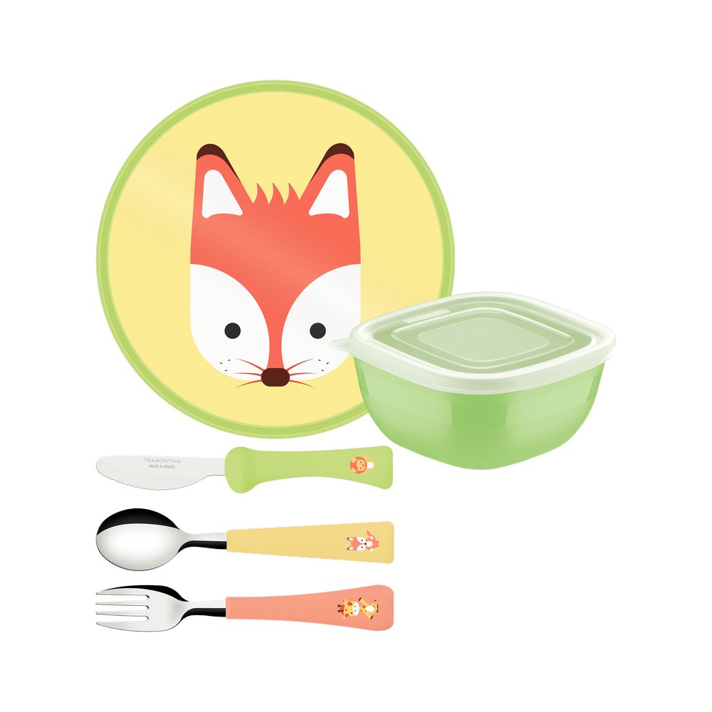 Cubiertos de acero inox con plato de zorro baby friends 5 piezas