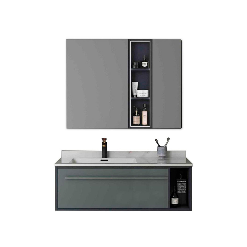 Gabinete flotante para baño 1.10x46x40cm color gris y encimera de pizarra espejo