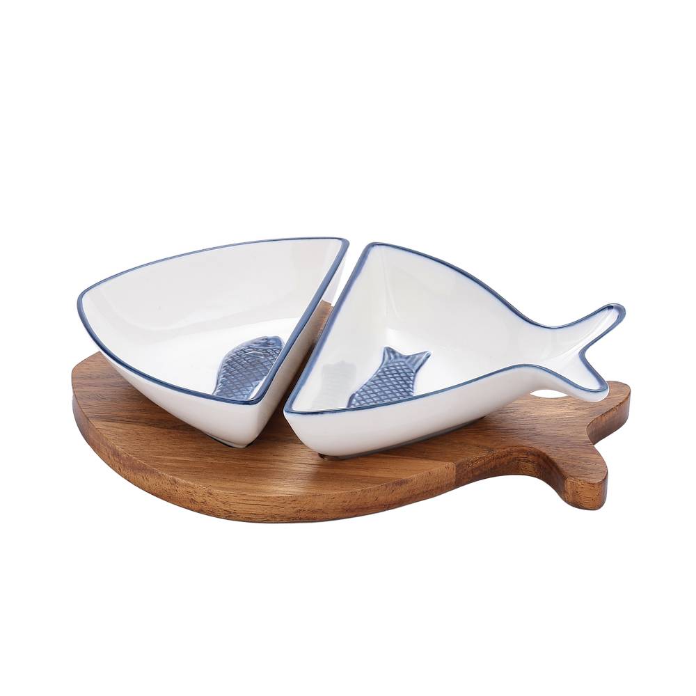 Plato para servir de porcelana-madera 22.8 cm pescado 3 piezas
