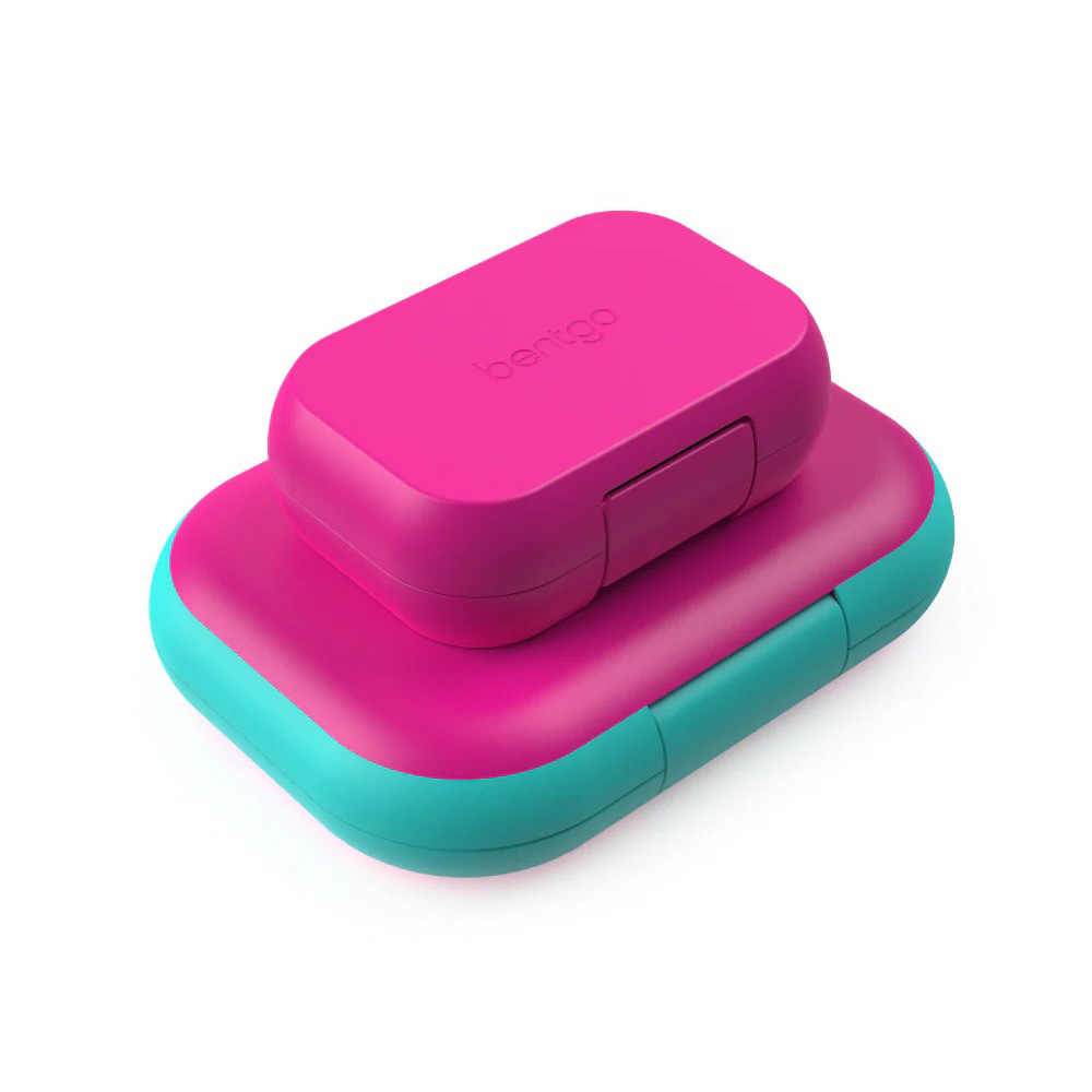 Deposito plastico con divisiones y snack fucsia-menta