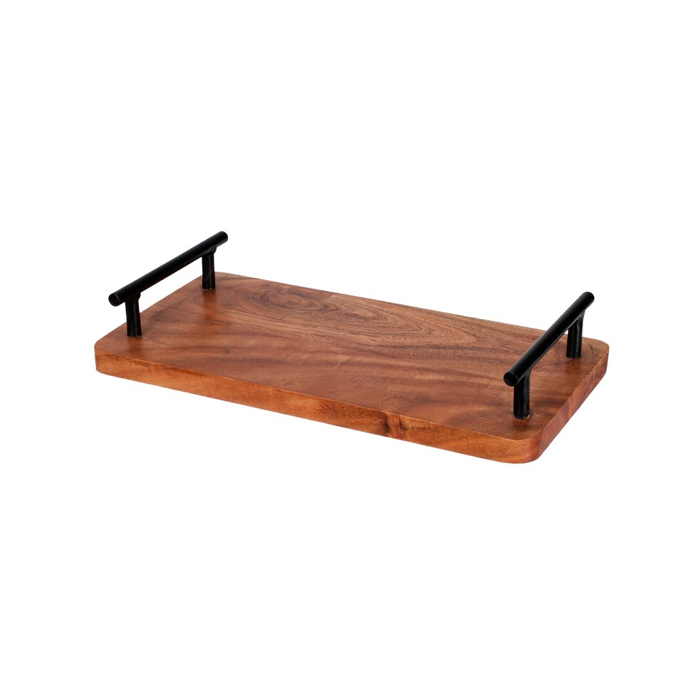Bandeja de madera con asas metalicas