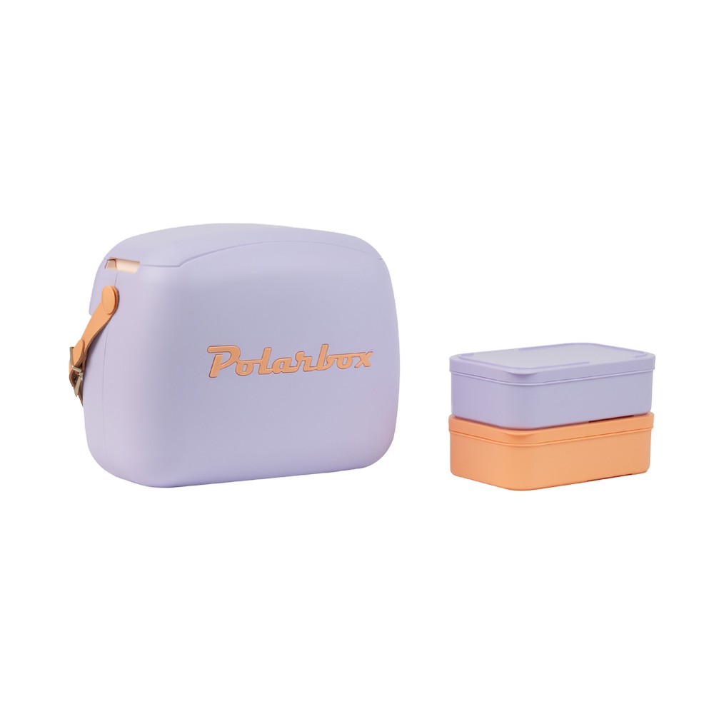 Hielera violeta con letras naranja 6 l con depositos 3 piezas
