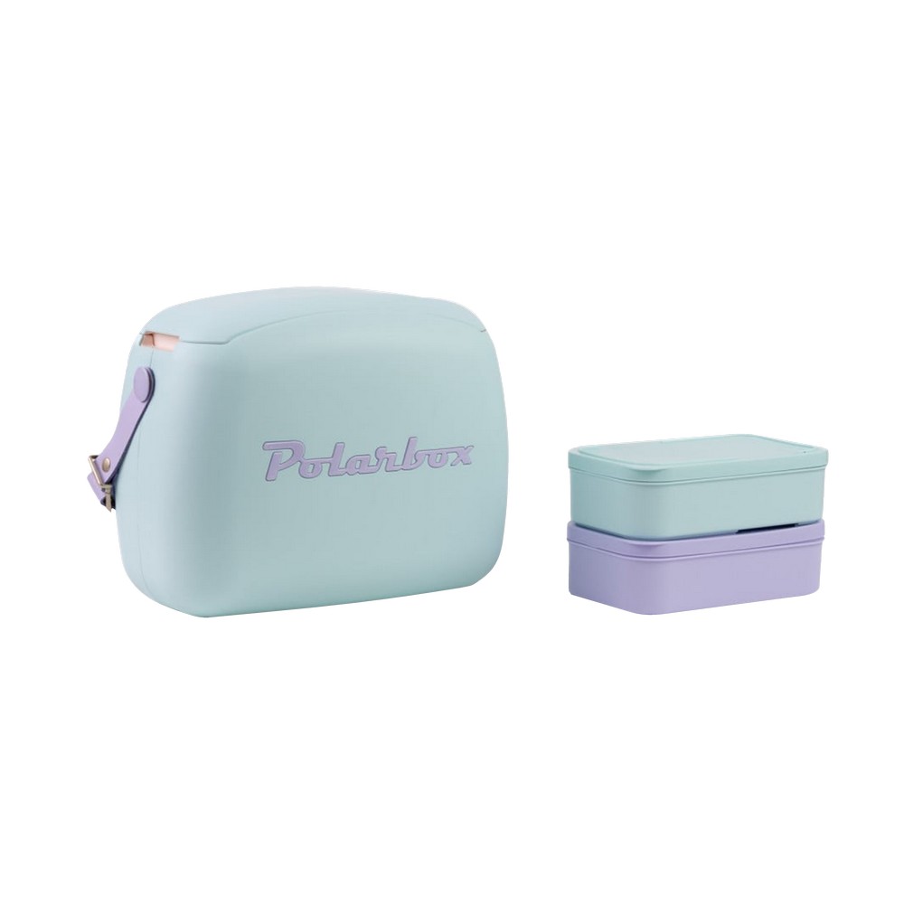 Hielera celeste con letras violeta 6 l con depositos 3 piezas