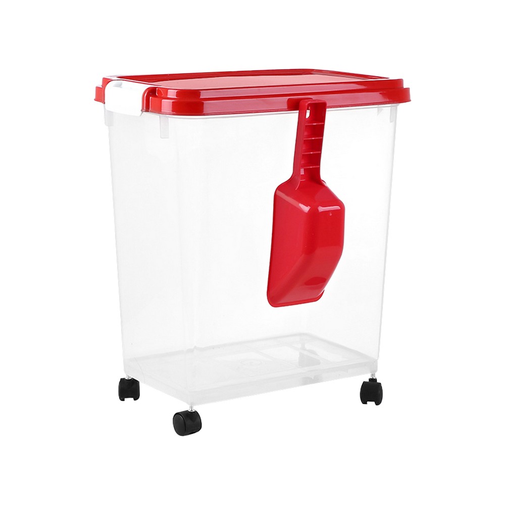 Deposito para comida para mascota tapa roja con rodos