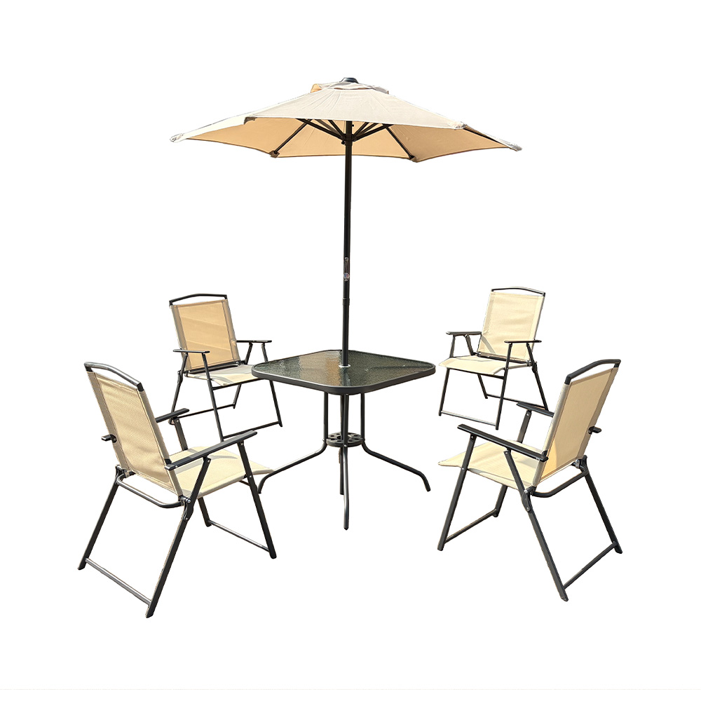 Mueble comedor para exterior con sombrilla aluminio 4 personas beige 6 piezas