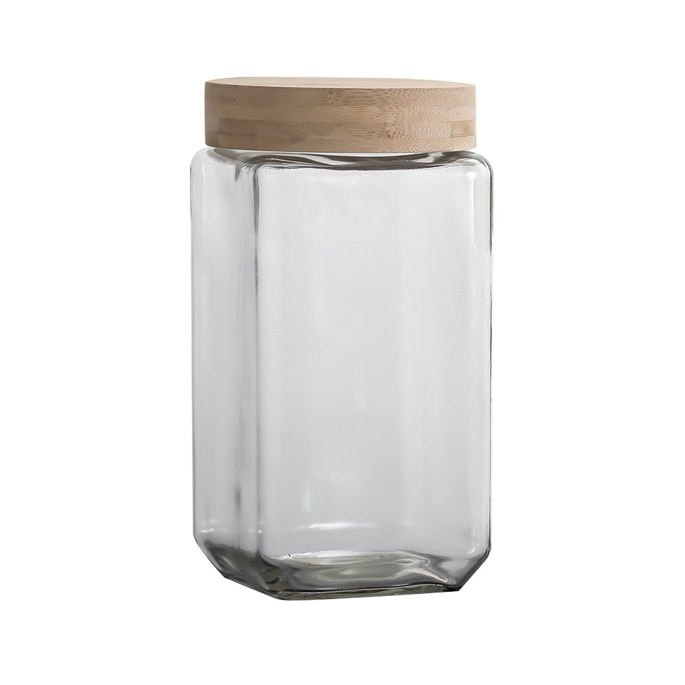 Depósito organizador de vidrio con tapa de bambú 22.5 cm