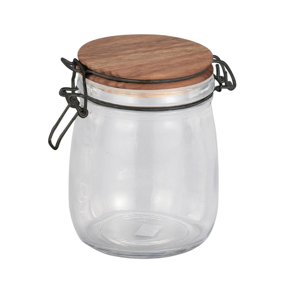 Depósito de vidrio con tapa de madera 17 cm