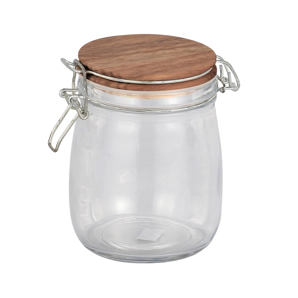 Depósito de vidrio con tapa de madera 14 cm