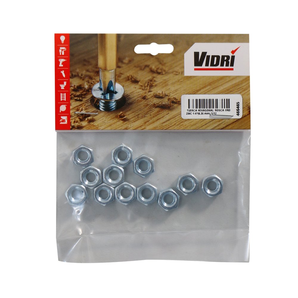 Tuerca hexagonal rosca ord zinc 1/4 pulg (6.35 mm) s/12