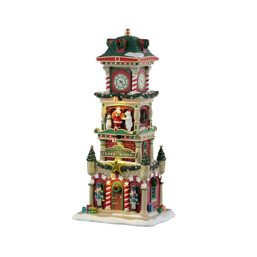 Villa navideña torre del reloj de la plaza del pueblo