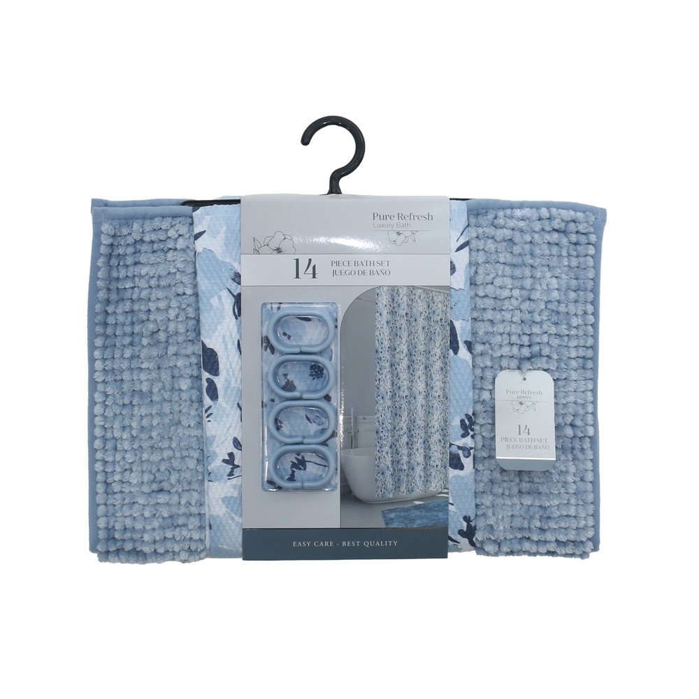 Cortina para baño con alfombra azul pure refresh 14 piezas