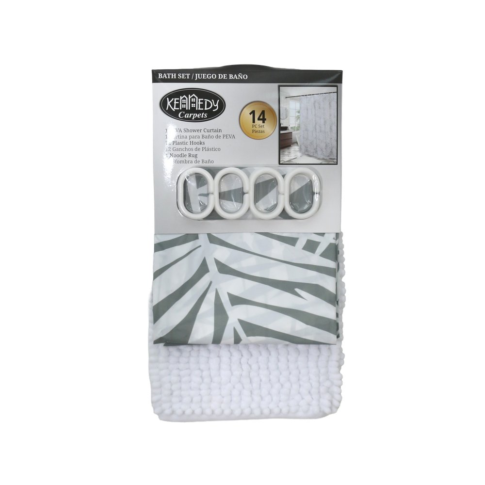 Cortina para baño con alfombra diseño hojas blanco 14 piezas