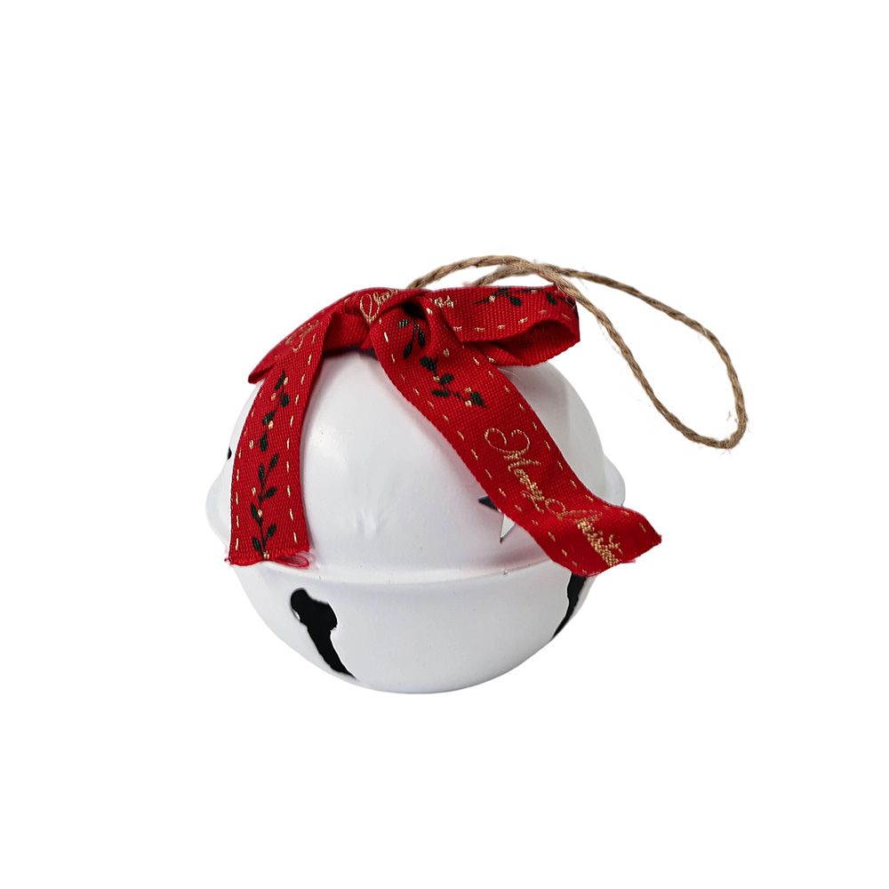 Bola navideña cascabel con chonga 7x8 cm blanco/rojo ccxmas