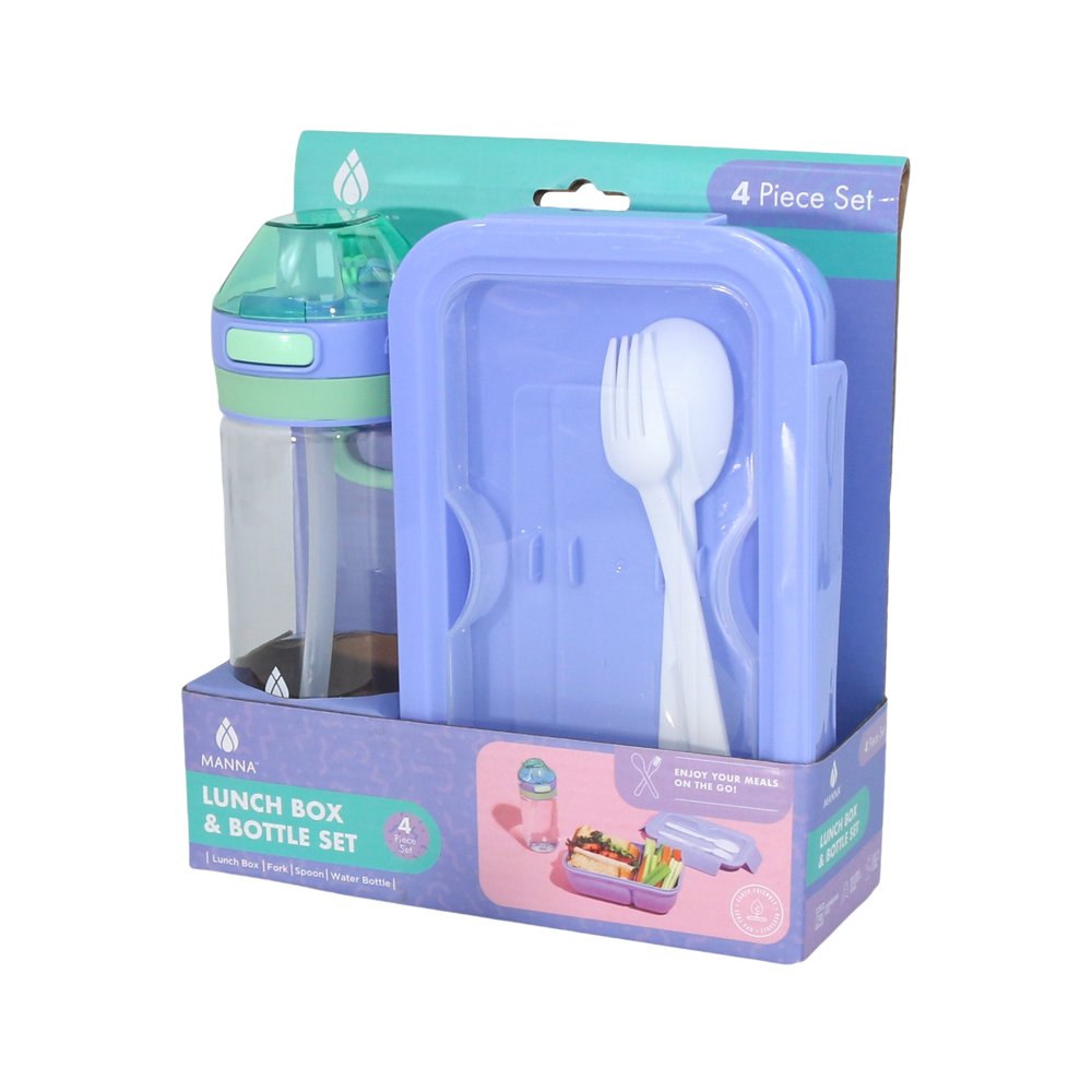 Deposito plastico con botella y cubiertos morado 3 piezas