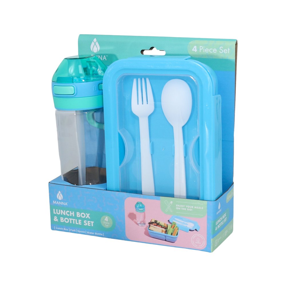 Deposito plastico con botella y cubiertos celeste 3 piezas