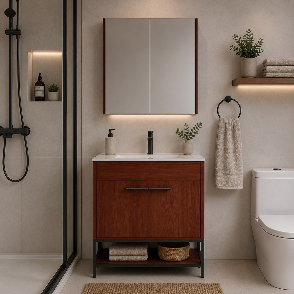 Gabinete de baño pvc con lavamanos y espejo 2 puertas cerezo oscuro 80 x 46 x 87 cm