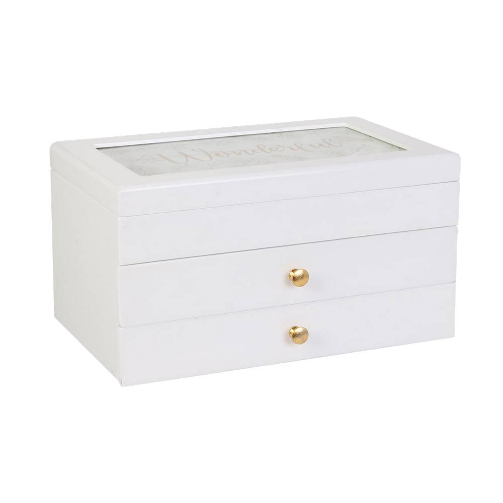 Joyero decorativo con 2 gavetas madera/vidrio 24x13x15 cm blanco