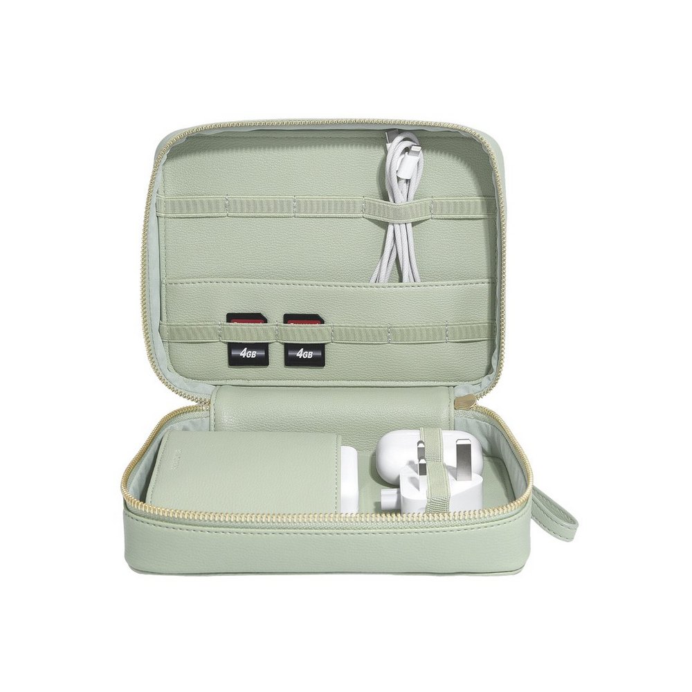 Bolsa organizadora para cables de cuero sintetico 20x15x6 cm verde